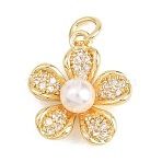Valentine's Day Brass Micro Pave Clear Cubic Zirconia Pendants, with ABS Plastic Pearl, Flower Charms, Long-Lasting Plated, Rack Plating, Lead Free & Cadmium Free, Real 18K Gold Plated, 16.5x14.5x6mm, Hole: 3.2mm(KK-H273-17G)