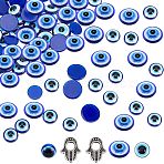 202Pcs Resin Evil Eye Cabochons, Half Round/Dome, and 2Pcs Tibetan Style Alloy Bead Frames Hamsa Hand/Hand of Miriam, Blue, 2 Style(CRES-NB0001-23)