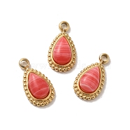 304 Stainless Steel Pave Natural Rhodochrosite Teardrop Charms, Real 14K Gold Plated, 10.5x6x4mm, Hole: 1.4mm(STAS-B074-04G-01)