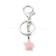 Natural Rose Quartz Keychain, with Platinum Plated Iron Split Key Rings, Star, 9.8cm(KEYC-M022-02A)