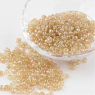 Round Glass Seed Beads, Trans. Colours Lustered, Pale Goldenrod, Size: about 4mm in diameter, hole: 1.5mm, about 496pcs/50g(X-SEED-A006-4mm-102)