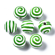 Painted Natural Wood European Beads, Large Hole Beads, Printed, Round with Stripe, Green, 16x15mm, Hole: 4mm(WOOD-S057-030C)
