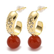 Natural Red Agate Stud Earrings, with Brass Findingds for Women, Round, Real 14K Gold Plated, 30x10mm(EJEW-M252-06G)