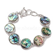 Natural Abalone Shell/Paua Shell Link Chain Bracelets, Platinum Brass Jewelry for Women, Cadmium Free & Lead Free, Flat Round, 7-3/8 inch(18.7cm)(BJEW-E077-01P-01)