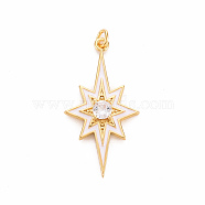 Brass Micro Pave Clear Cubic Zirconia Pendants, with Enamel and Jump Ring, Cadmium Free & Nickel Free & Lead Free, Star, Real 16K Gold Plated, White, 34.5x18x4mm, Jump Ring: 4.5x0.8mm, 2.9mm inner diameter(ZIRC-S067-071G-NR)
