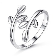 925 Sterling Silver Adjustable Cuff Rings, Open Ring, Leaf, Platinum, Inner Diameter: 16mm(RJEW-BB66689-A)