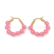 PVD Vacuum Plating 304 Stainless Steel Flower Hoop Earrings, with Glass Seed Beaded, Golden, Hot Pink, 29.5x5mm(EJEW-U017-01G-01)