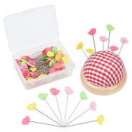 Gorgecraf 1Pc Cute Ball Shaped Cotton Needle Cushion, with Wooden Bottom, Half Round with Tartan Pattern, with 1 Box Iron Head Pins, Straight Pins, Dressmaker Pins, Mixed Color, 70x41.5mm(DIY-GF0006-48)