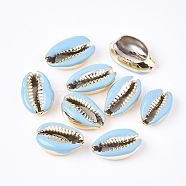 Electroplated Cowrie Shell Beads, with Enamel, No Hole/Undrilled, Golden, Light Sky Blue, 18~20x12~14x6~7.5mm(X-SSHEL-T008-11G-03)