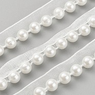 Polyester Ribbon, with ABS Plastic Imitation Pearl Round Beads, Garment Accessories, White, 1/2 inch(14mm), Bead: 8mm(OCOR-WH0079-38)