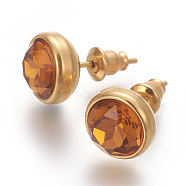 304 Stainless Steel Ear Studs, with Cubic Zirconia, Ion Plating (IP), Flat Round, Golden, Dark Goldenrod, 10x17mm, Pin: 0.7mm(EJEW-E238-12G)
