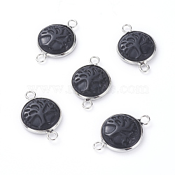 Natural Black Agate Links connectors, with Platinum Tone Brass Cabochon Connector Settings, Flat Round with Tree, 23~24x15~16x5~6mm, Hole: 2.5mm(G-G807-F06)