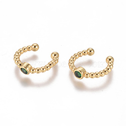 Golden Plated Brass Micro Pave Cubic Zirconia Cuff Earrings, Long-Lasting Plated, Green, 14.5~15x2~3mm(EJEW-L244-05C)