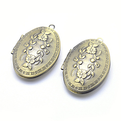 Brass Locket Pendants, Photo Frame Charms for Necklaces, Cadmium Free & Nickel Free & Lead Free, Oval with Flower, Brushed Antique Bronze, 42x27x10mm, Hole: 2mm, Inner Size: 18x29mm(KK-F717-16AB-NR)