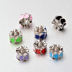 Alloy Enamel Large Hole European Beads, Column with Heart, Platinum, Mixed Color, 10.5x6.5mm, Hole: 5.5mm(MPDL-M020-02M)