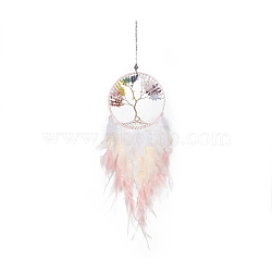 Iron Woven Web/Net with Feather Pendant Decorations, with Plastic and Gemstone Beads, Covered with Leather and Brass Cord, Flat Round with Tree of Life, Colorful, 655mm(AJEW-B017-24)
