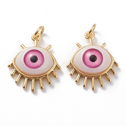 Brass Pendants, with Acrylic and Jump Rings, Eye, Long-Lasting Plated, Real 18k Gold Plated, Pink, 21.5x18x7mm, Hole: 3mm, Jump Ring: 5x1mm(KK-Z006-01B)