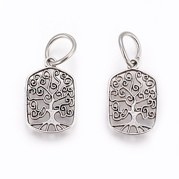 Tibetan Style Alloy Pendants, Rectangle with Tree of Life, Antique Silver, 21x14x1.5mm, Hole: 7mm
