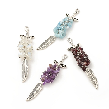 Gemstone Chips Cluster Pendant Decorations, Feather Lobster Clasp Charms, for Keychain, Purse, Backpack Ornament, 91~93mm