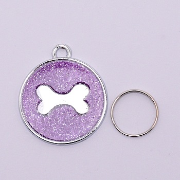 Alloy Charms, with Gold Foil and Iron Rings, Cadmium Free & Lead Free, Flat Round with Bone, Lilac, 29.5x25.5x1.5mm, Hole: 3mm