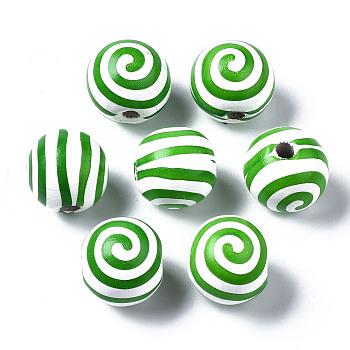 Painted Natural Wood European Beads, Large Hole Beads, Printed, Round with Stripe, Green, 16x15mm, Hole: 4mm