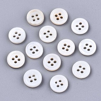 Natural Freshwater Shell Buttons, 4-Hole, Flat Round, Seashell Color, 9x1.5mm, Hole: 1.5mm