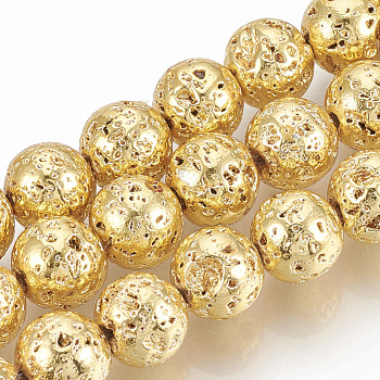 Electroplated Natural Lava Rock Beads Strands, Round, Bumpy, Golden Plated, 4~5mm, Hole: 1mm, about 89pcs/strand, 15.7 inch