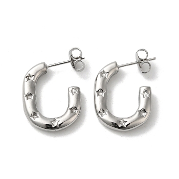 Oval with Star 304 Stainless Steel Stud Earrings, Half Hoop Earrings, Stainless Steel Color, 20x3.5mm