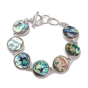 Natural Abalone Shell/Paua Shell Link Chain Bracelets, Platinum Brass Jewelry for Women, Cadmium Free & Lead Free, Flat Round, 7-3/8 inch(18.7cm)