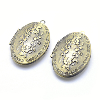 Brass Locket Pendants, Photo Frame Charms for Necklaces, Cadmium Free & Nickel Free & Lead Free, Oval with Flower, Brushed Antique Bronze, 42x27x10mm, Hole: 2mm, Inner Size: 18x29mm