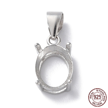 Rhodium Plated Rack Plating 925 Sterling Silver Pendants Cabochon Settings, 4-Prong Bezel Settings, Oval, with 925 Stamp, Real Platinum Plated, Tray: 10x8mm, 17x7.5x5.5mm, Hole: 4x5.5mm