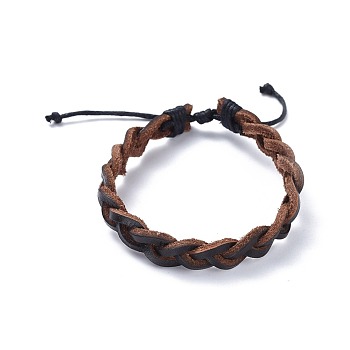 Adjustable Cowhide Leather Cord Braided Bracelets, with Waxed Cotton Cord, Coconut Brown, 2-1/4 inch~2-7/8 inch(5.6~7.4cm), 10.5mm