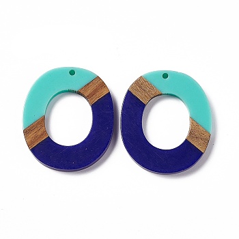Opaque Resin & Walnut Wood Pendants, Donut Charms, Dark Blue, 38x32.5x3.5mm, Hole: 2mm