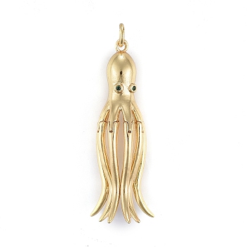 Brass Micro Pave Cubic Zirconia Pendants, with Jump Rings, Long-Lasting Plated, Octopus, Green, Real 18K Gold Plated, 39x7mm, Hole: 3mm