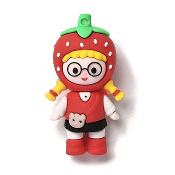 PVC Plastic Pendants, Girl with Fruit, Strawberry, 61x35x23mm, Hole: 3mm