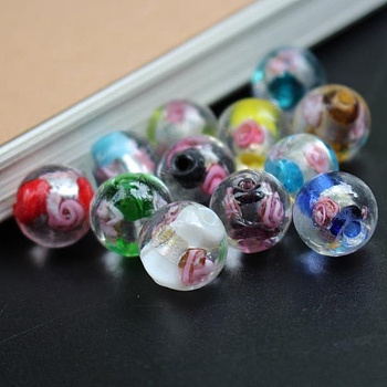 Handmade Silver Foil Glass Beads, Inner Flower, Round, Mixed Color, 12mm, Hole: 1.5mm