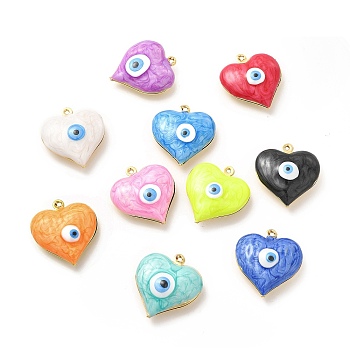 Brass Enamel Pendants, Real 18K Gold Plated, Long-Lasting Plated, Heart with Evil Eye Pattern, Mixed Color, 24x22x8mm, Hole: 1.2mm