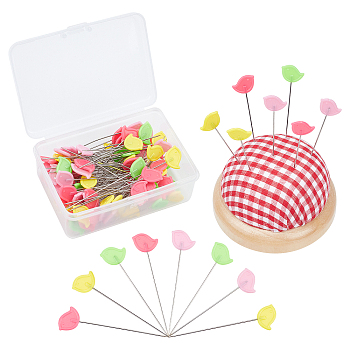 Gorgecraf 1Pc Cute Ball Shaped Cotton Needle Cushion, with Wooden Bottom, Half Round with Tartan Pattern, with 1 Box Iron Head Pins, Straight Pins, Dressmaker Pins, Mixed Color, 70x41.5mm
