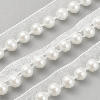 Polyester Ribbon, with ABS Plastic Imitation Pearl Round Beads, Garment Accessories, White, 1/2 inch(14mm), Bead: 8mm