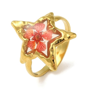 Ion Plating(IP) 304 Stainless Steel Open Cuff Ring, Star Epoxy Resin and Dried Flower Ring for Women, Real 18K Gold Plated, 18.5mm, Inner Diameter: Adjustable