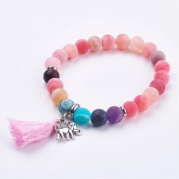 Frosted Mixed Gemstone Beaded Stretch Bracelets, with Alloy Findings & Cotton Thread Tassels, Coral, 2 inch(51mm)