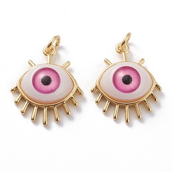 Brass Pendants, with Acrylic and Jump Rings, Eye, Long-Lasting Plated, Real 18k Gold Plated, Pink, 21.5x18x7mm, Hole: 3mm, Jump Ring: 5x1mm