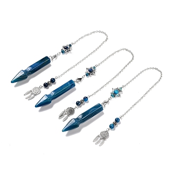 Natural Banded Agate Pointed Dowsing Pendulums, Dyed & Heated, with Eco-Friendly Brass Findings, Platinum, Cadmium Free & Lead Free, Bullet, 31.35cm