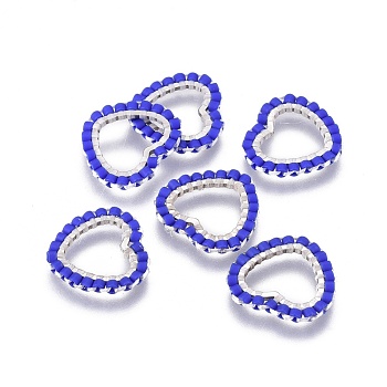 MIYUKI & TOHO Handmade Japanese Seed Beads, with 304 Stainless Steel Link Rings, Loom Pattern, Heart, Silver, Blue, 13.5~14x15x1.8~2mm