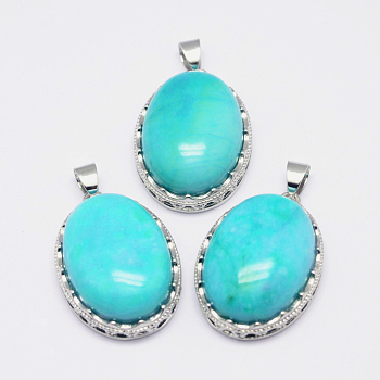 Natural Agate Pendants, Imitation Amazonite, with Brass Findings, Oval, Dyed, Platinum, 30x21x10~11mm, Hole: 6x4mm