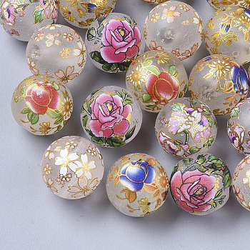 Printed Resin Beads, Frosted, Round with Flower Pattern, Clear, 17mm, Hole: 2mm