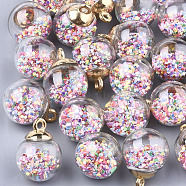 Glass Ball Pendants, with Glitter Sequins and CCB Plastic Findings, Round, Golden, Colorful, 21x15.5~16mm, Hole: 2mm(GLAA-T003-06)