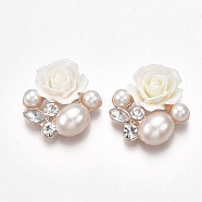 Alloy Cabochons, with ABS Plastic Imitation Pearl, Resin and Acrylic Rhinestone, Flower, Light Gold, White, 24.5~26x25x8~10mm(X-PALLOY-T066-09KC)