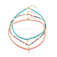 Moon & Star & Padlock Pendant Necklaces Set, Candy Color Glass Seed Beads Stackable Necklaces for Women, Golden, Mixed Color, 16.06 inch(40.8cm), 3pcs/set(NJEW-JN03777)