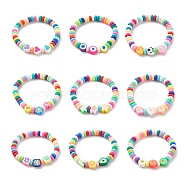 9Pcs 9 Style Handmade Polymer Clay Beaded Stretch Bracelets Set, Heart & Flower & Star & Fuit Beads Stackable Bracelets  for Kids, Mixed Color, Inner Diameter: 2 inch(5cm), 1Pc/style(BJEW-JB08959)
